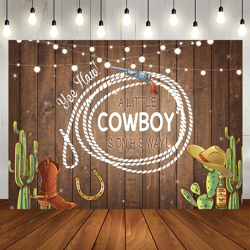 Aperturee - A Little Cowboy With Brown Wood Baby Shower Backdrop