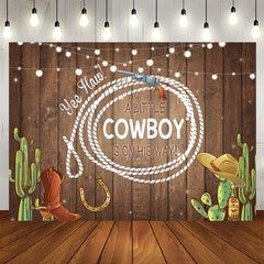 Aperturee - A Little Cowboy With Brown Wood Baby Shower Backdrop