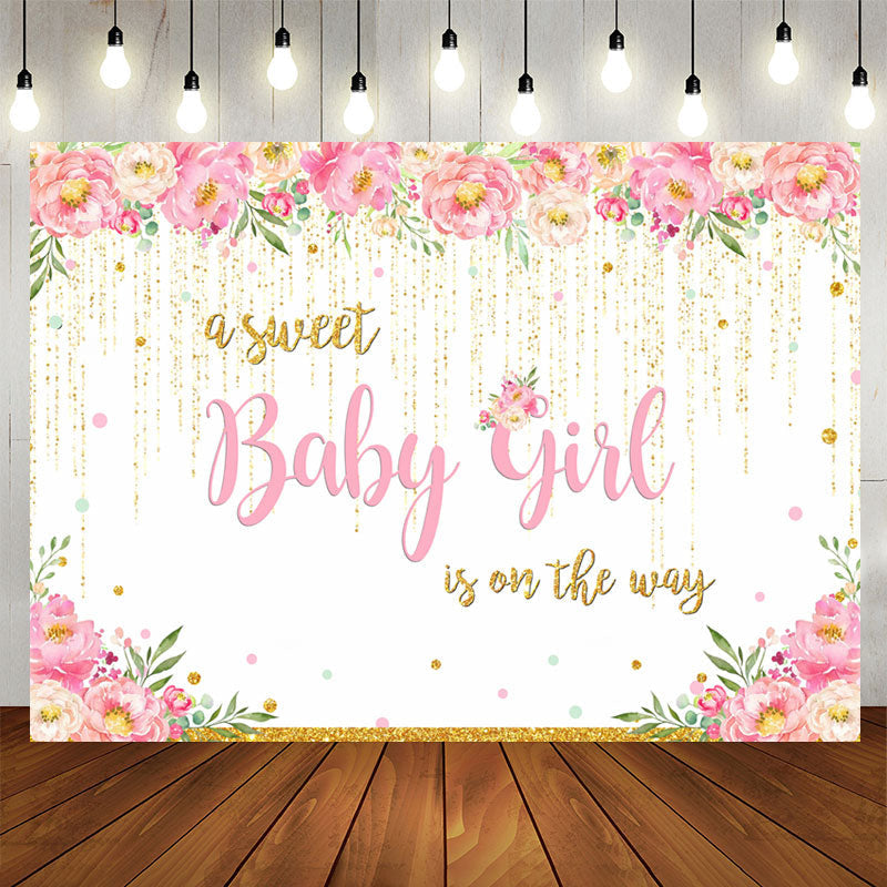 Aperturee - A Sweet Baby Girl Glitter Floral Baby Shower Backdrop