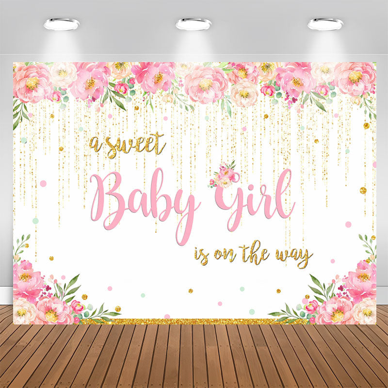 Aperturee - A Sweet Baby Girl Glitter Floral Baby Shower Backdrop