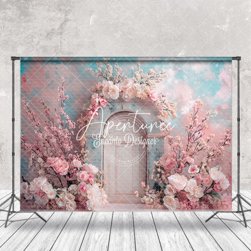 Aperturee - Abstract Blue Pink Floral Arch Door Wedding Backdrop