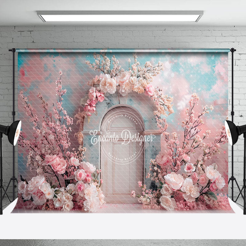 Aperturee - Abstract Blue Pink Floral Arch Door Wedding Backdrop