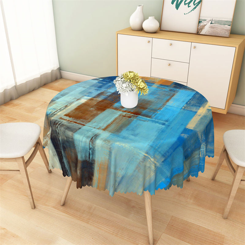 Aperturee - Abstract Painting Blue Brown Black Round Tablecloth