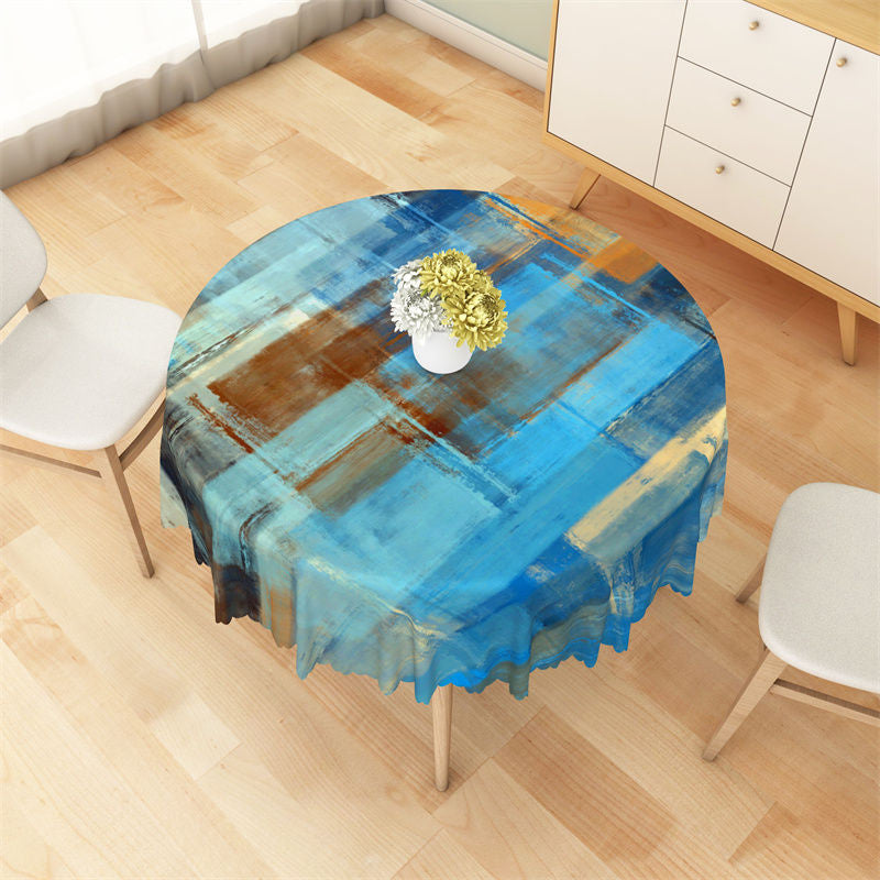 Aperturee - Abstract Painting Blue Brown Black Round Tablecloth