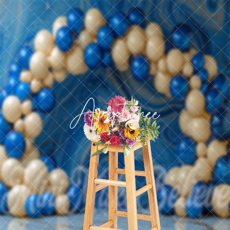 Aperturee - Abstract Wall Beige Blue Balloon Cake Smash Backdrop