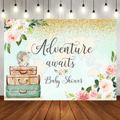 Aperturee - Adventure Awaits Floral And Map Baby Shower Backdrop