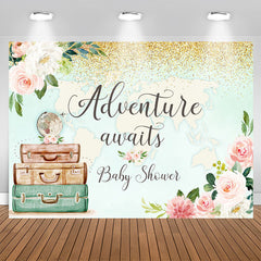 Aperturee - Adventure Awaits Floral And Map Baby Shower Backdrop