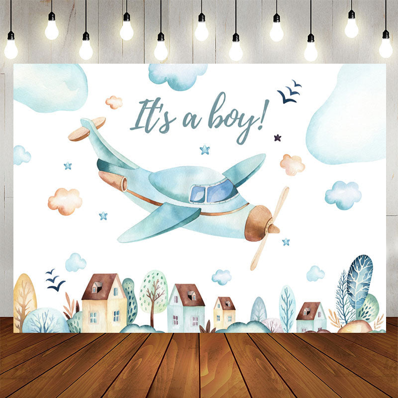 Aperturee - Airplane Flying On The Sky Baby Shower Backdrop