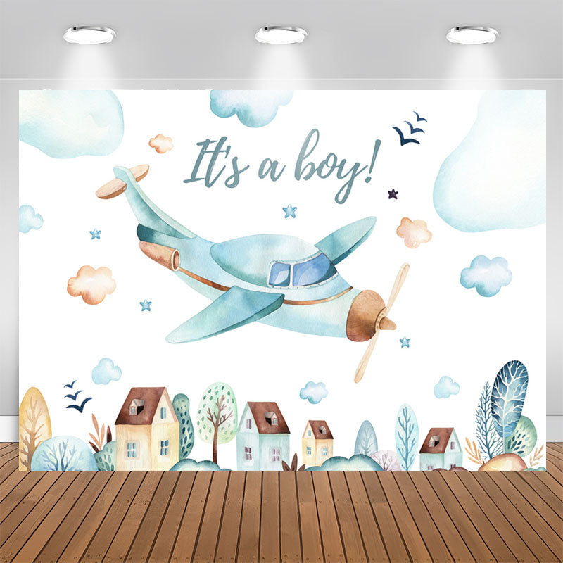 Aperturee - Airplane Flying On The Sky Baby Shower Backdrop