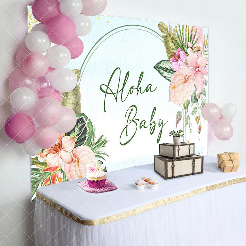 Aperturee - Aloha Baby Greenery Floral Blue Shower Backdrop