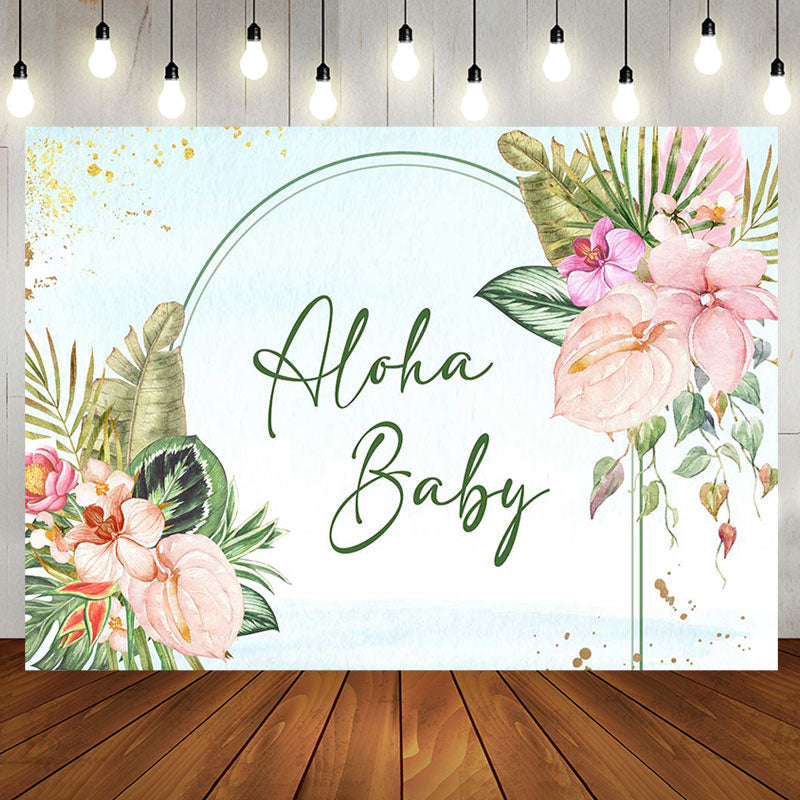 Aperturee - Aloha Baby Greenery Floral Blue Shower Backdrop