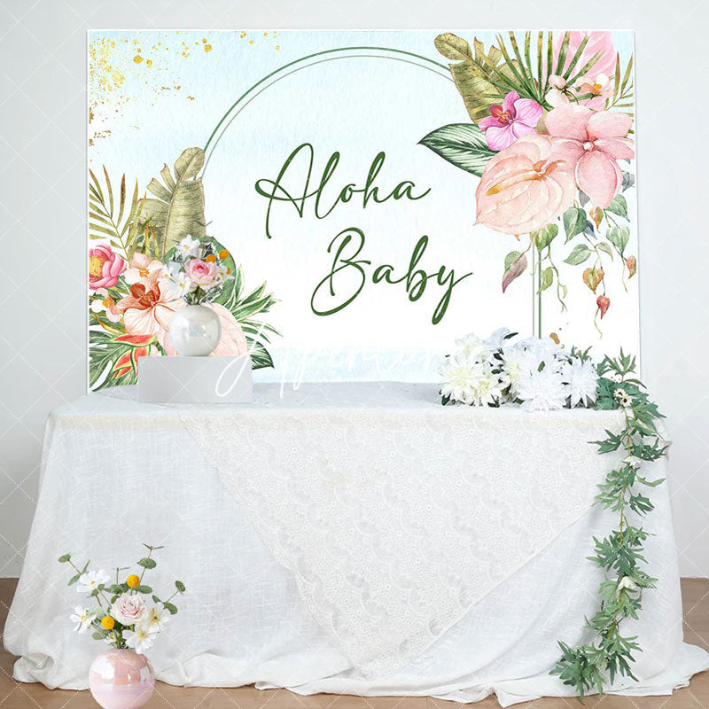 Aperturee - Aloha Baby Greenery Floral Blue Shower Backdrop