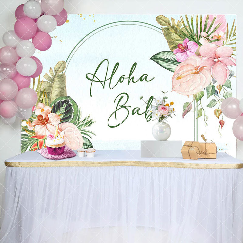 Aperturee - Aloha Baby Greenery Floral Blue Shower Backdrop