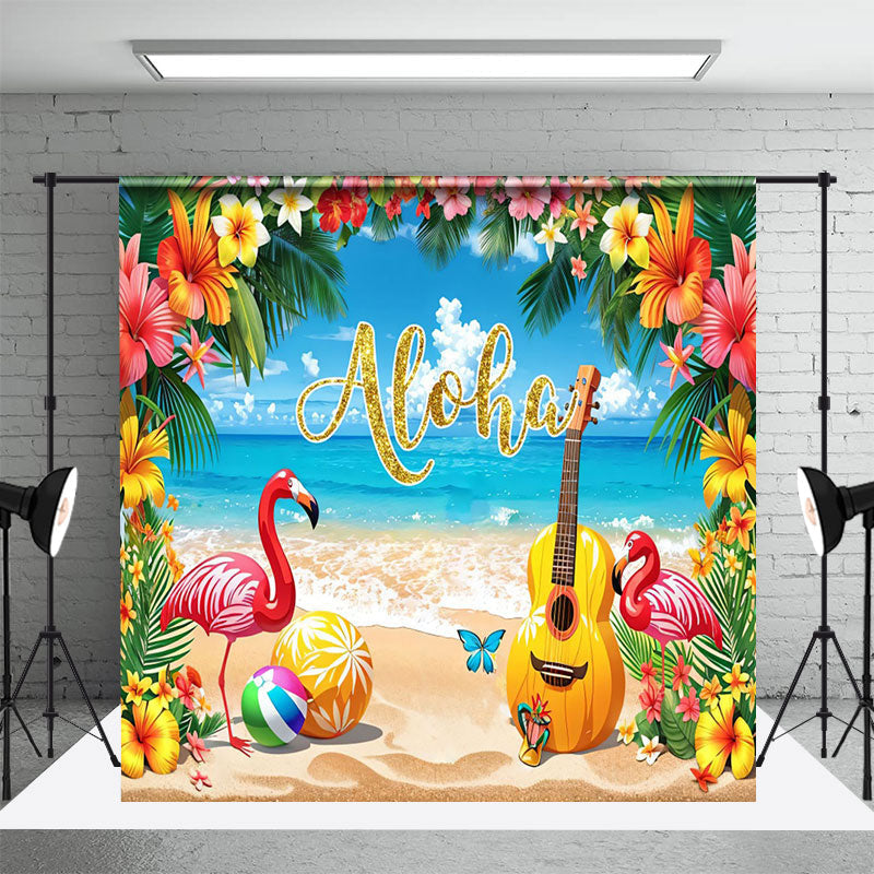 Aperturee - Aloha Blue Sky Beach Flamingo Floral Summer Backdrop