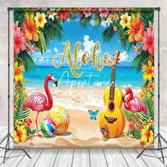 Aperturee - Aloha Blue Sky Beach Flamingo Floral Summer Backdrop