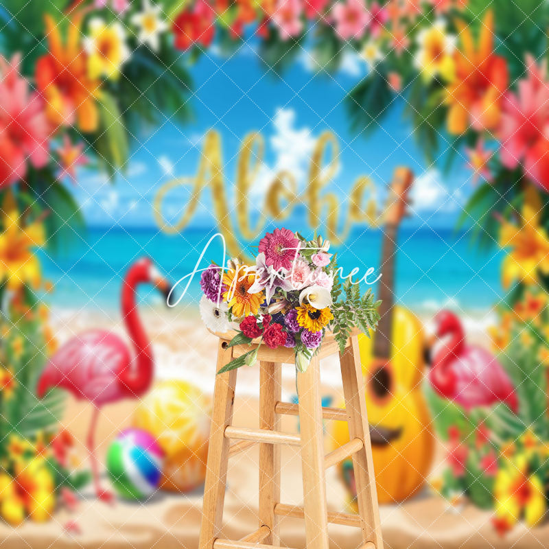 Aperturee - Aloha Blue Sky Beach Flamingo Floral Summer Backdrop