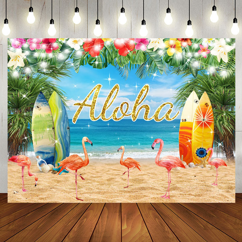 Aperturee - Aloha Floral Beach Flamingo Birthday Backdrop