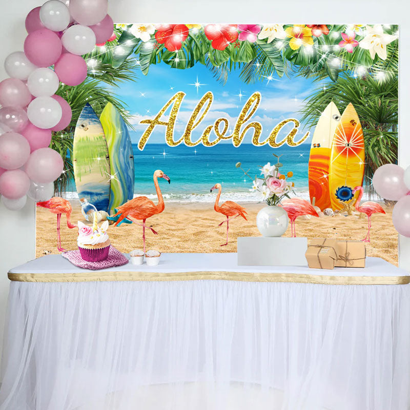 Aperturee - Aloha Floral Beach Flamingo Birthday Backdrop