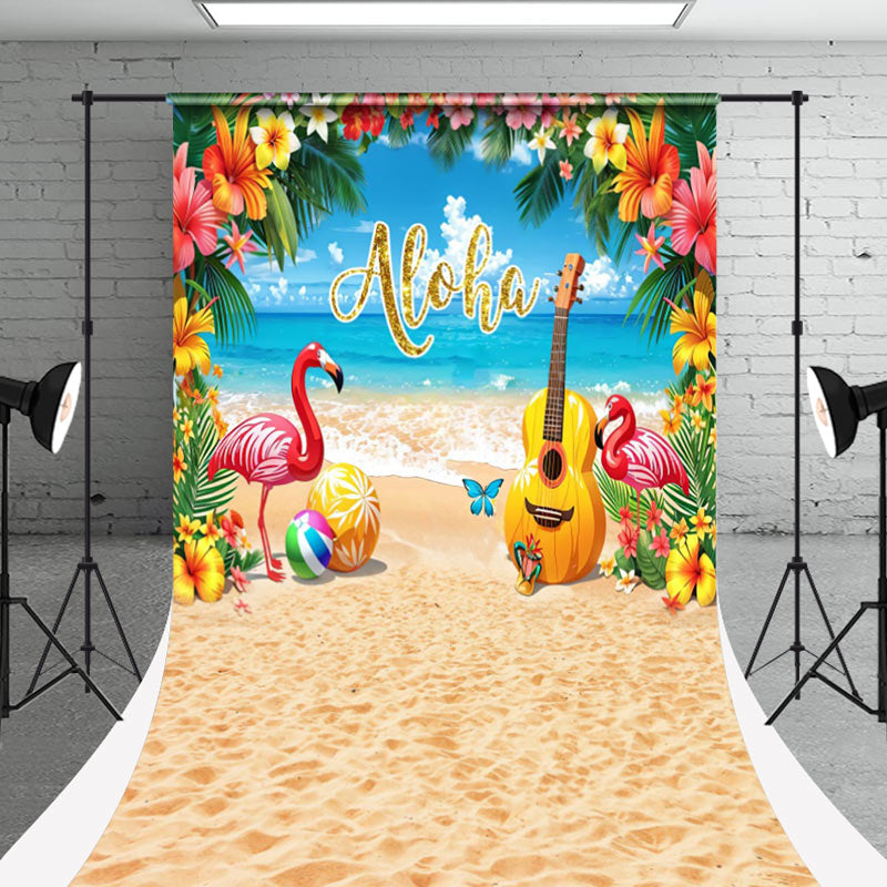 Aperturee - Aloha Sandy Beach Flamingo Floral Summer Backdrop