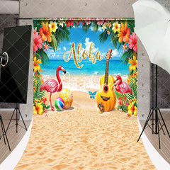 Aperturee - Aloha Sandy Beach Flamingo Floral Summer Backdrop