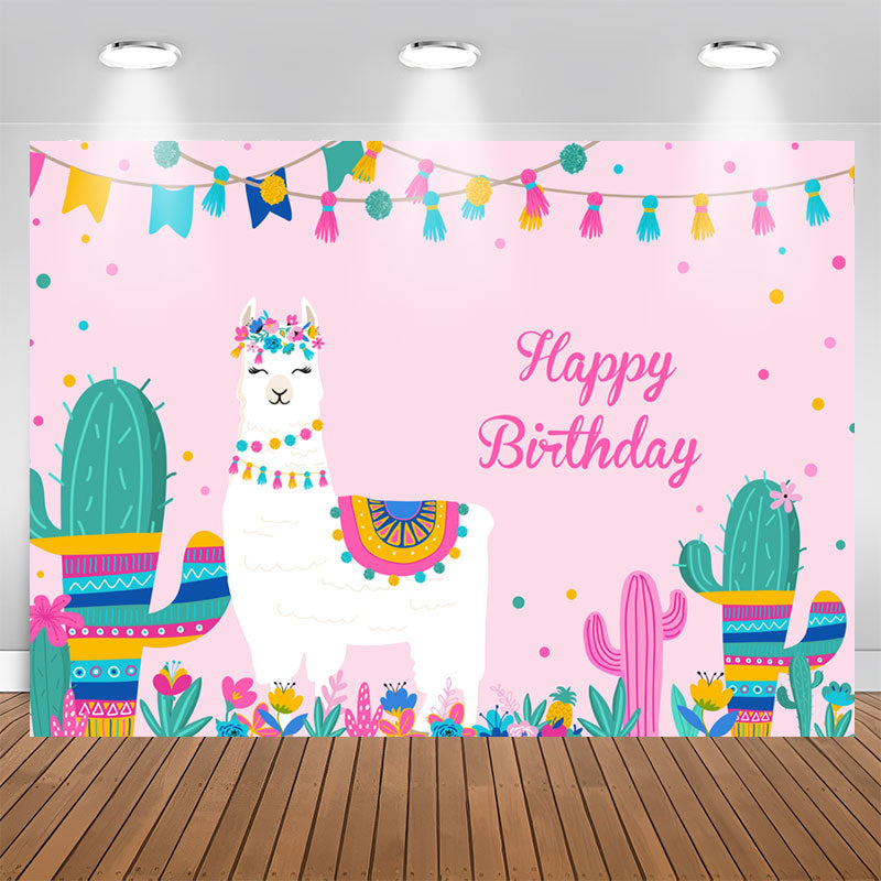 Aperturee - Alpaca And Cactus Girls Pink Happy Birthday Backdrop