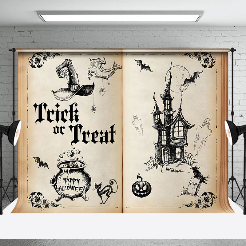 Aperturee - Ancient Book Trick Or Treat Happy Halloween Backdrop