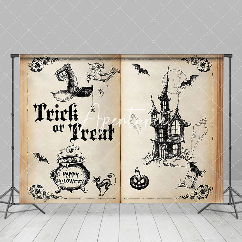 Aperturee - Ancient Book Trick Or Treat Happy Halloween Backdrop