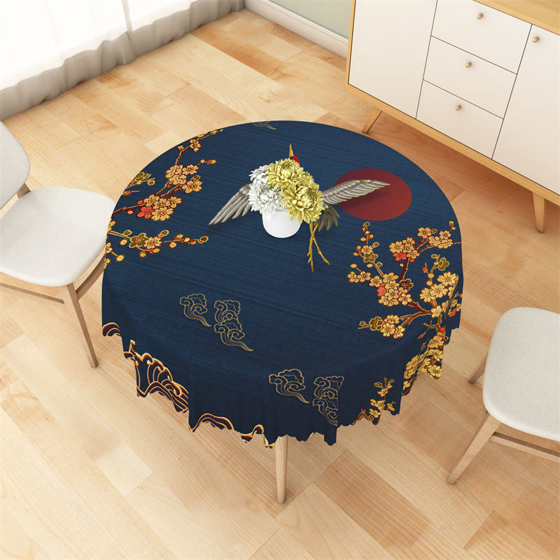 Aperturee - Ancient Chinese Golden Blue Elegant Round Tablecloth