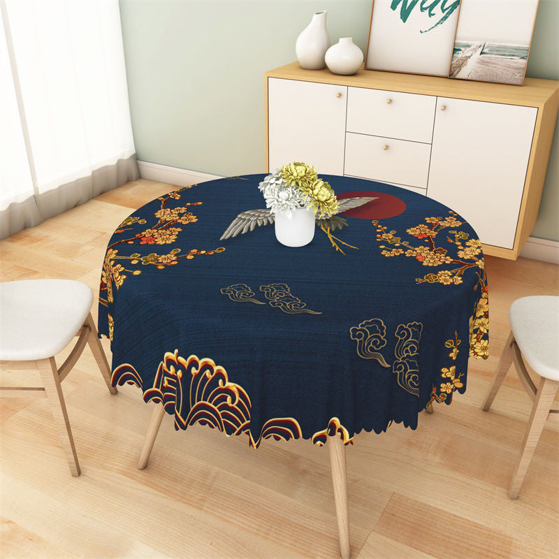 Aperturee - Ancient Chinese Golden Blue Elegant Round Tablecloth