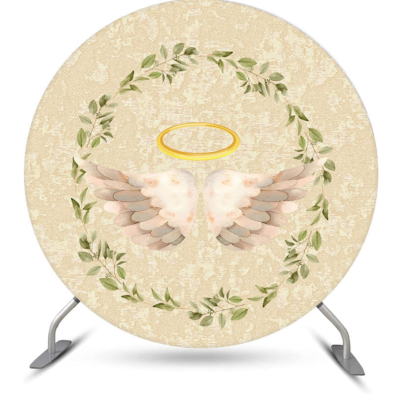 Aperturee - Angel Wings In Leaves Wreath Round Baby Shower Backdrop Kit