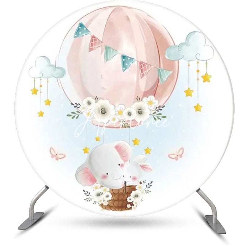 Aperturee - Animal Pink Air Balloon Round Baby Shower Backdrop