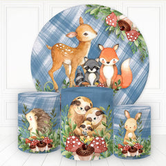 Aperturee Animals And Mushroon Blue Plaid Round Birthday Backdrop Kit