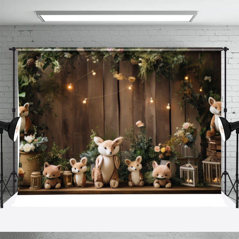 Aperturee - Animals Brown Wood Leaves Birthday Photo Backdrop