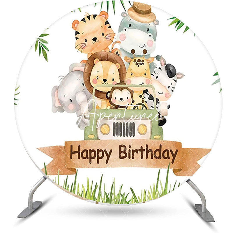 Aperturee - Animals Car Safari Leaves Round Birthday Backdrop