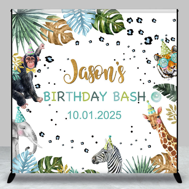 Aperturee - Animals Celebration Leaves Custom Birthday Backdrop