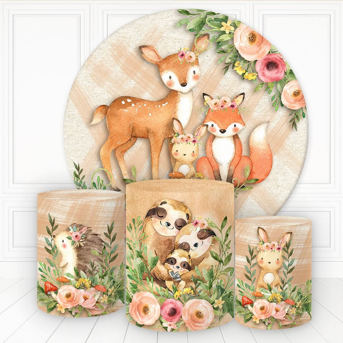 Aperturee Animals Floral Wild Beige Plaid Round Birthday Backdrop Kit