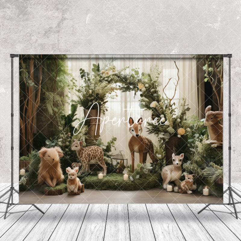 Aperturee - Animals Green Leaves Curtain Birthday Photo Backdrop