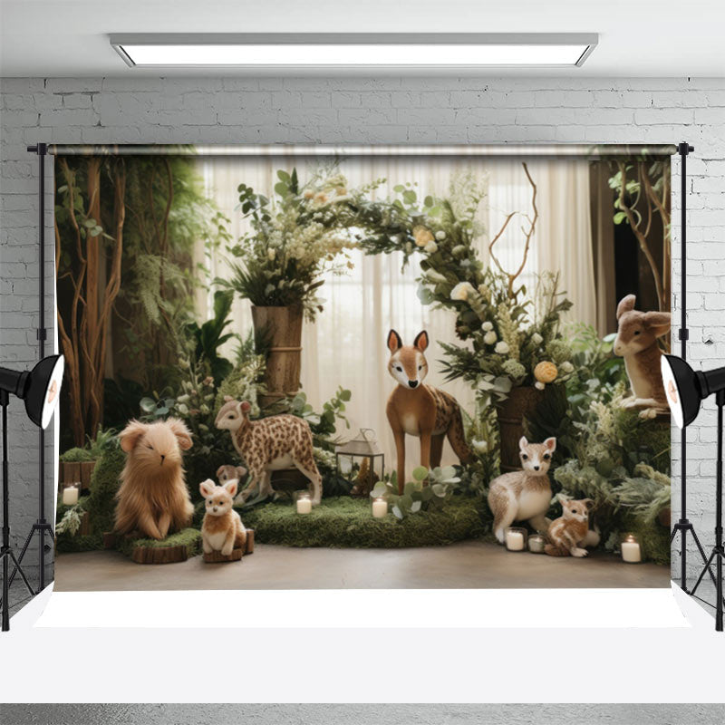 Aperturee - Animals Green Leaves Curtain Birthday Photo Backdrop