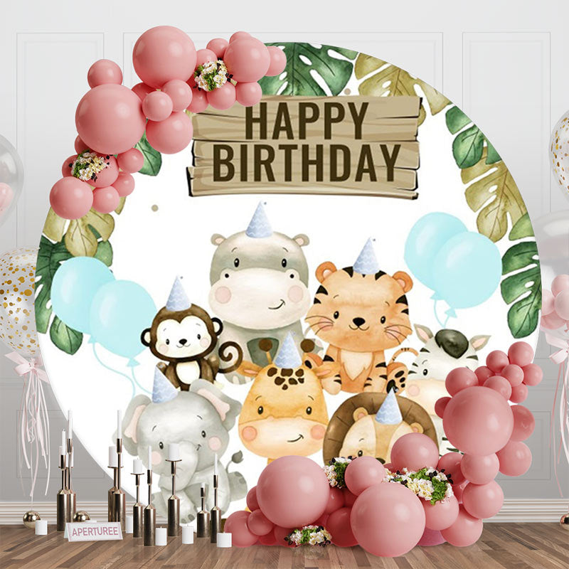 Aperturee - Animals Leaves Balloons Circle Birthday Backdrop