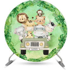 Aperturee - Animals On The Green Car Round Happy Birthday Backdrop