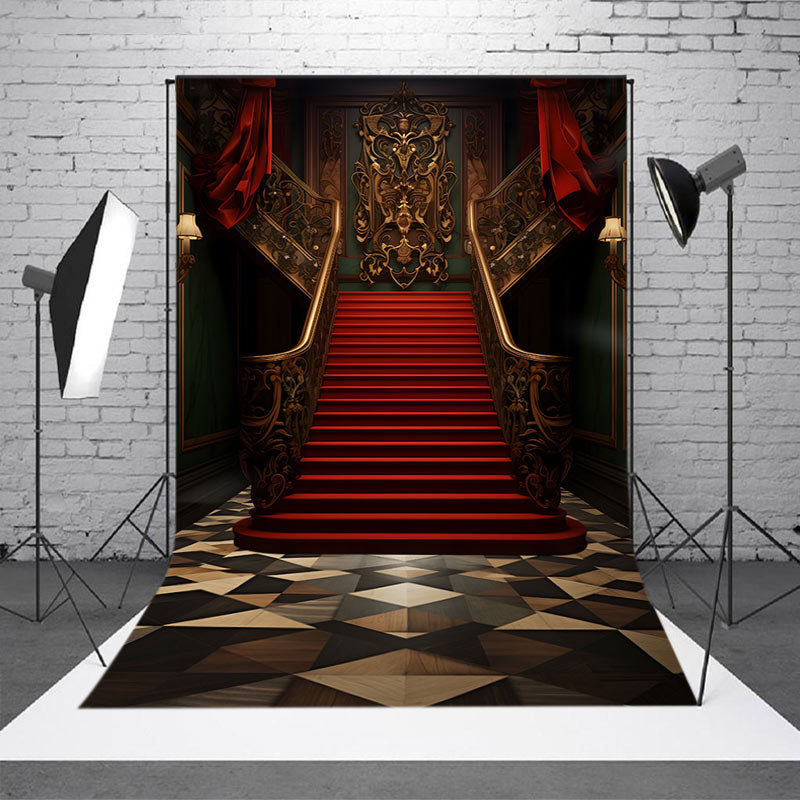 Aperturee - Antique Red Stairs Curtain Indoor Photoshoot Backdrop