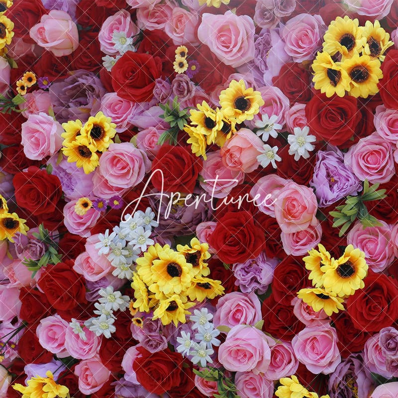 Aperturee - Aperturee 3D Sunflower Pink Rose Fuax Flower Wall Backdrop