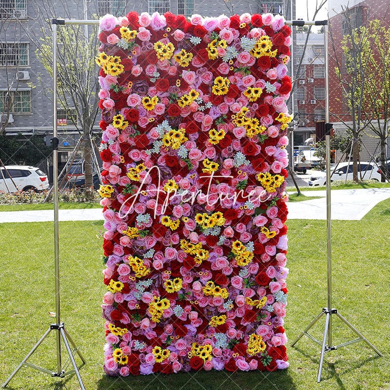 Aperturee - Aperturee 3D Sunflower Pink Rose Fuax Flower Wall Backdrop