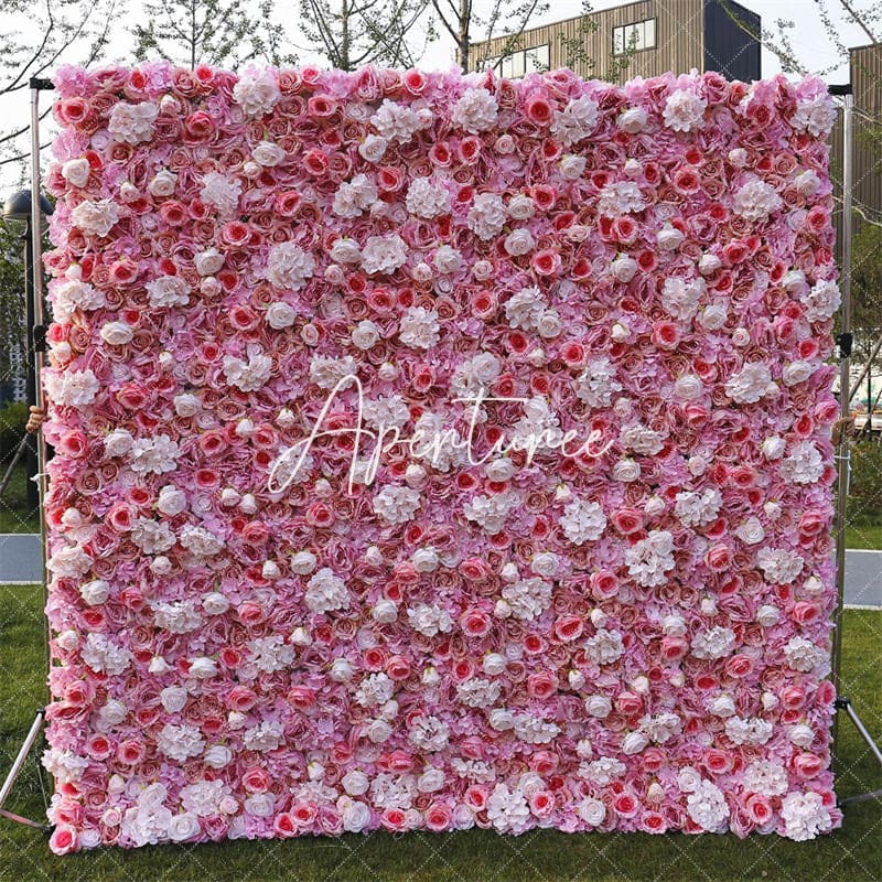 Aperturee - Aperturee 3D White Pink Rose Artificial Flower Wall Wedding Decor