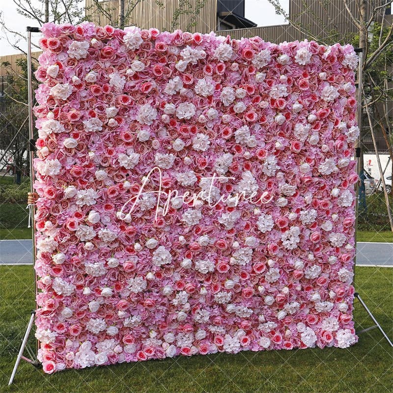 Aperturee - Aperturee 3D White Pink Rose Artificial Flower Wall Wedding Decor