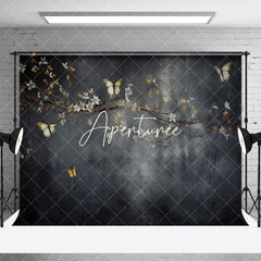 Aperturee - Aperturee Abstract Black Wall Floral Branch Butterfly Backdrop