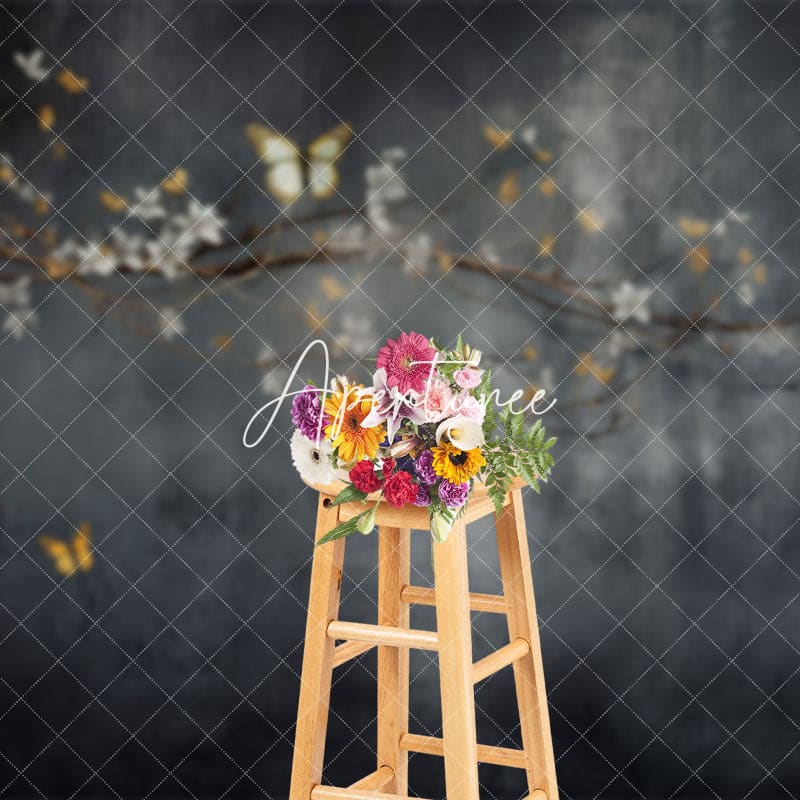 Aperturee - Aperturee Abstract Black Wall Floral Branch Butterfly Backdrop