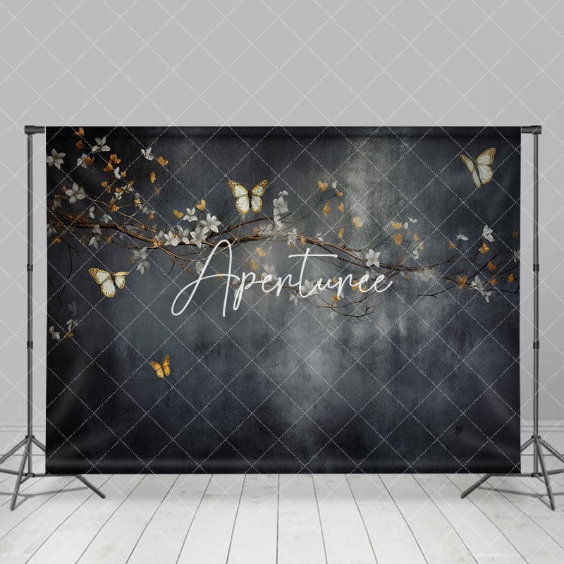 Aperturee - Aperturee Abstract Black Wall Floral Branch Butterfly Backdrop