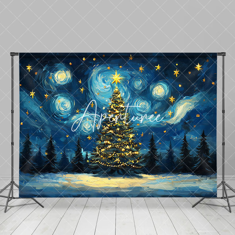 Aperturee - Aperturee Abstract Blue Starry Sky Xmas Tree Christmas Backdrop