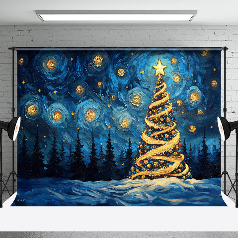 Aperturee - Aperturee Abstract Stars Blue Sky Xmas Tree Christmas Backdrop